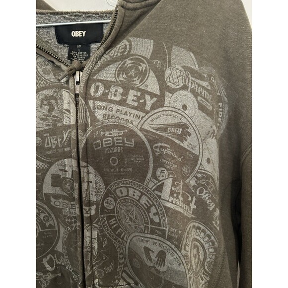 Vintage Obey Full zip Hoodie Army Green Front And Back Graphic men’s Size Large - Picture 3 of 4